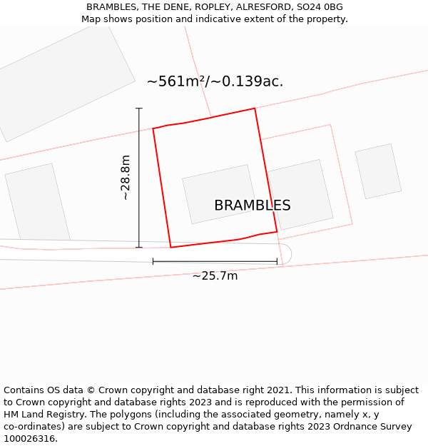 BRAMBLES, THE DENE, ROPLEY, ALRESFORD, SO24 0BG: Plot and title map