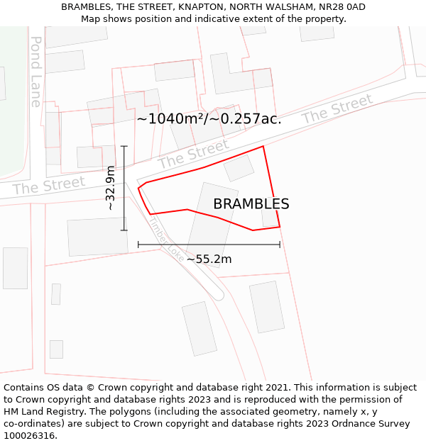 BRAMBLES, THE STREET, KNAPTON, NORTH WALSHAM, NR28 0AD: Plot and title map