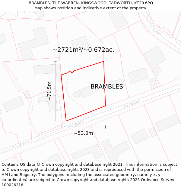 BRAMBLES, THE WARREN, KINGSWOOD, TADWORTH, KT20 6PQ: Plot and title map