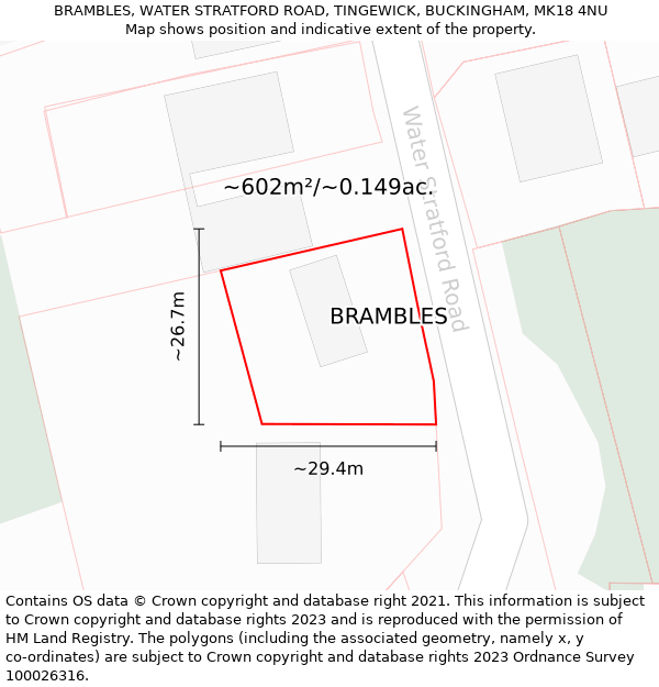 BRAMBLES, WATER STRATFORD ROAD, TINGEWICK, BUCKINGHAM, MK18 4NU: Plot and title map