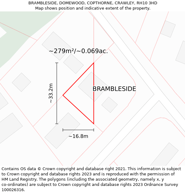 BRAMBLESIDE, DOMEWOOD, COPTHORNE, CRAWLEY, RH10 3HD: Plot and title map