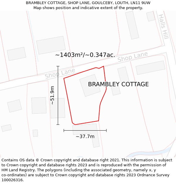 BRAMBLEY COTTAGE, SHOP LANE, GOULCEBY, LOUTH, LN11 9UW: Plot and title map