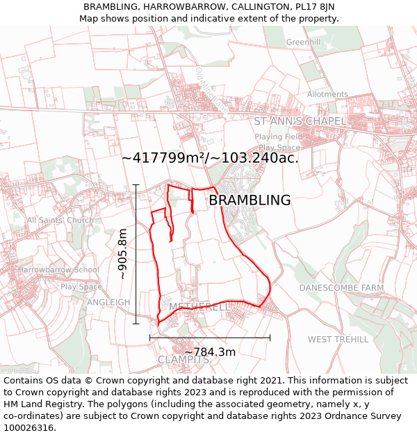 BRAMBLING, HARROWBARROW, CALLINGTON, PL17 8JN: Plot and title map