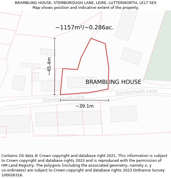 BRAMBLING HOUSE, STEMBOROUGH LANE, LEIRE, LUTTERWORTH, LE17 5EX: Plot and title map