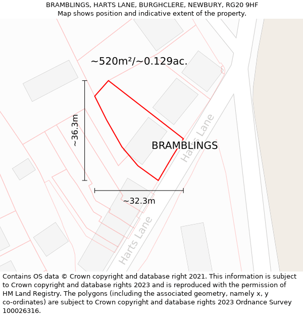 BRAMBLINGS, HARTS LANE, BURGHCLERE, NEWBURY, RG20 9HF: Plot and title map