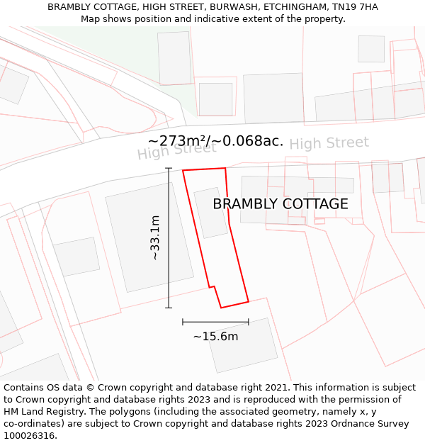 BRAMBLY COTTAGE, HIGH STREET, BURWASH, ETCHINGHAM, TN19 7HA: Plot and title map