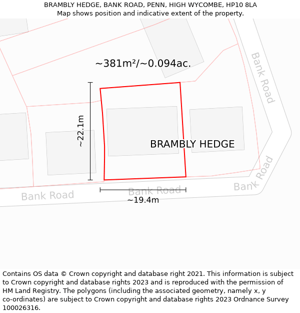 BRAMBLY HEDGE, BANK ROAD, PENN, HIGH WYCOMBE, HP10 8LA: Plot and title map