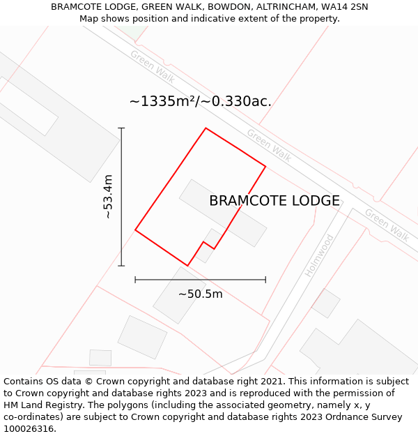 BRAMCOTE LODGE, GREEN WALK, BOWDON, ALTRINCHAM, WA14 2SN: Plot and title map