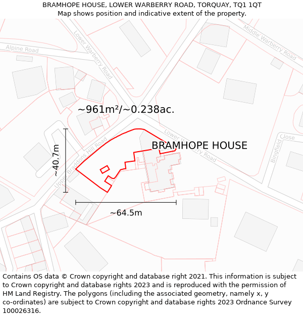 BRAMHOPE HOUSE, LOWER WARBERRY ROAD, TORQUAY, TQ1 1QT: Plot and title map