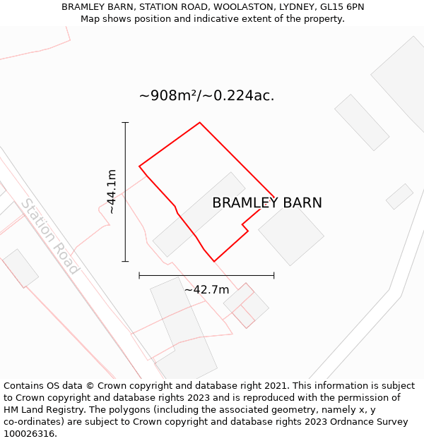 BRAMLEY BARN, STATION ROAD, WOOLASTON, LYDNEY, GL15 6PN: Plot and title map