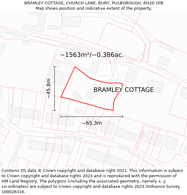 BRAMLEY COTTAGE, CHURCH LANE, BURY, PULBOROUGH, RH20 1PB: Plot and title map