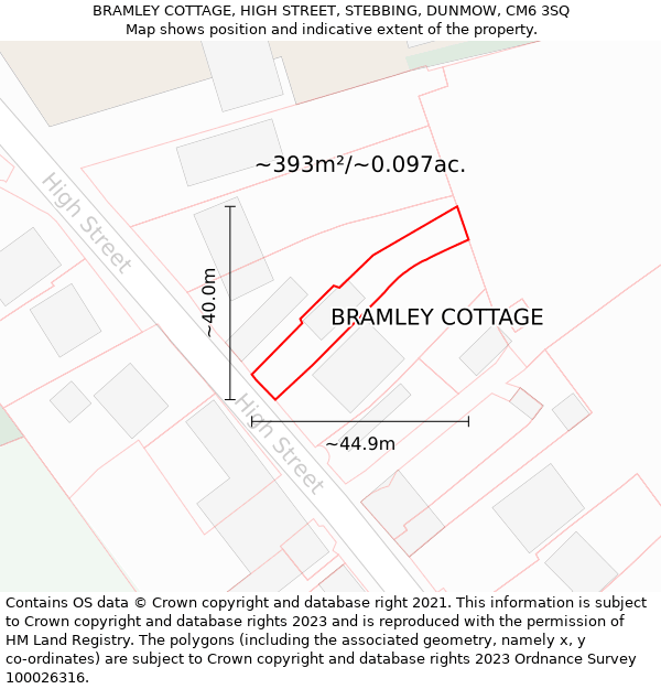 BRAMLEY COTTAGE, HIGH STREET, STEBBING, DUNMOW, CM6 3SQ: Plot and title map