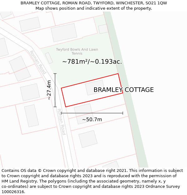 BRAMLEY COTTAGE, ROMAN ROAD, TWYFORD, WINCHESTER, SO21 1QW: Plot and title map