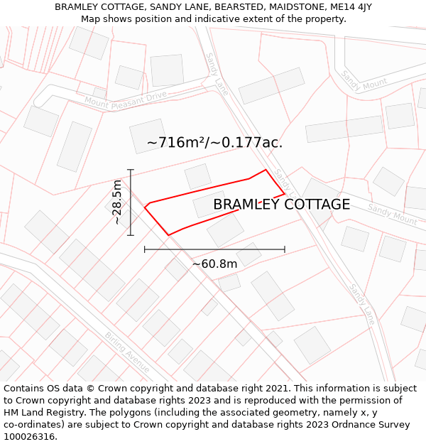 BRAMLEY COTTAGE, SANDY LANE, BEARSTED, MAIDSTONE, ME14 4JY: Plot and title map