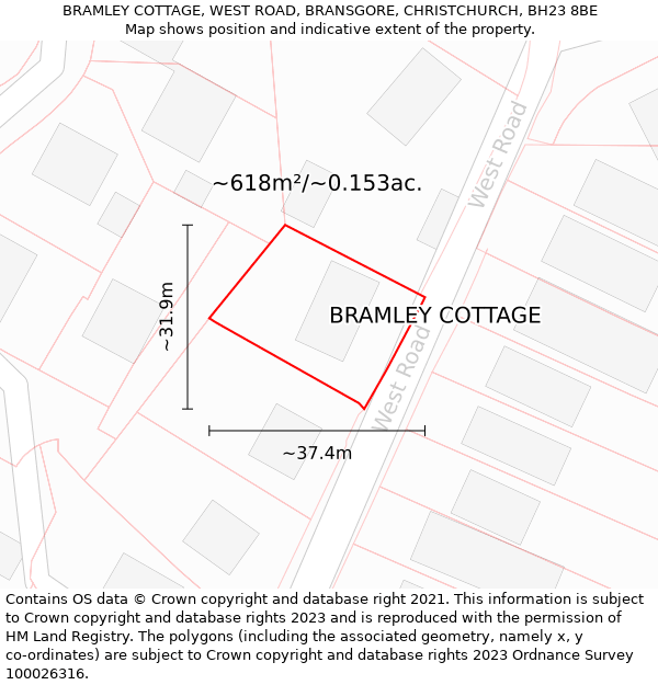 BRAMLEY COTTAGE, WEST ROAD, BRANSGORE, CHRISTCHURCH, BH23 8BE: Plot and title map
