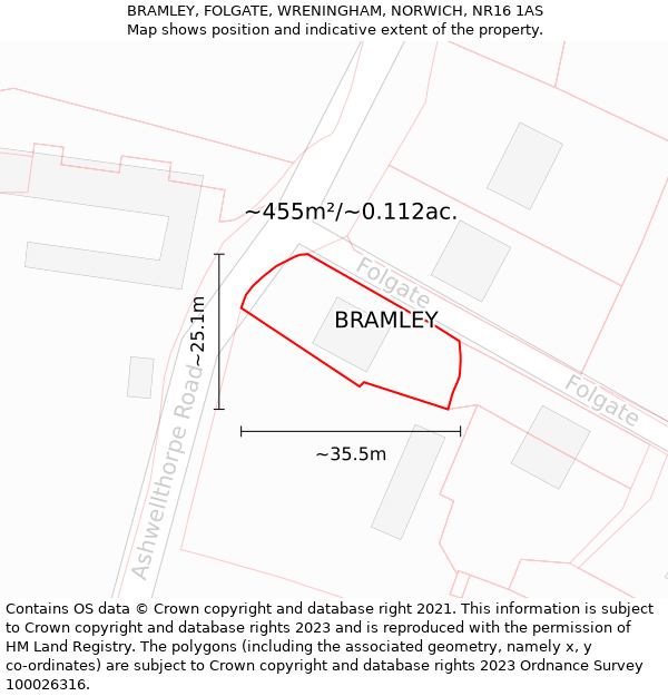 BRAMLEY, FOLGATE, WRENINGHAM, NORWICH, NR16 1AS: Plot and title map