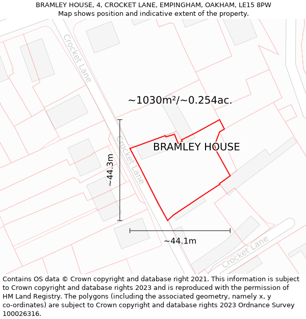 BRAMLEY HOUSE, 4, CROCKET LANE, EMPINGHAM, OAKHAM, LE15 8PW: Plot and title map