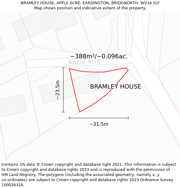 BRAMLEY HOUSE, APPLE ACRE, EARDINGTON, BRIDGNORTH, WV16 5LF: Plot and title map