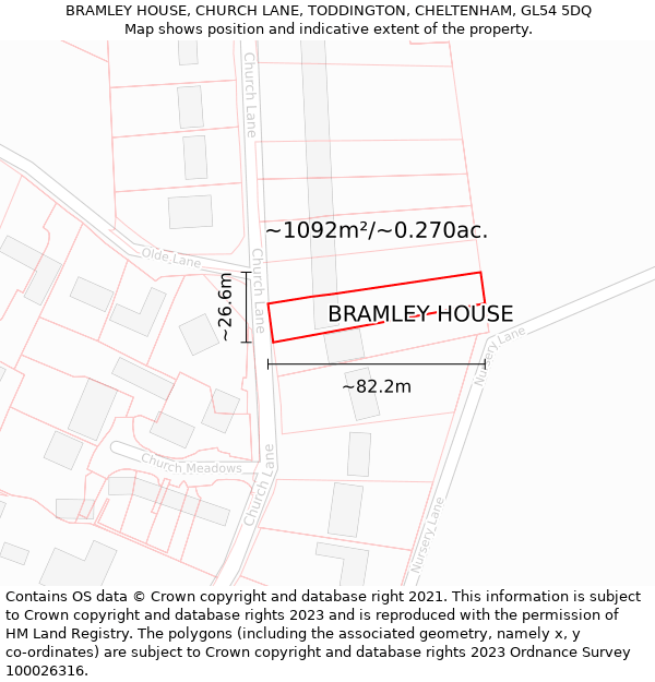 BRAMLEY HOUSE, CHURCH LANE, TODDINGTON, CHELTENHAM, GL54 5DQ: Plot and title map