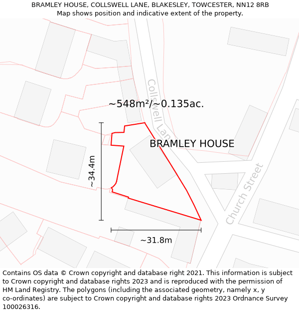 BRAMLEY HOUSE, COLLSWELL LANE, BLAKESLEY, TOWCESTER, NN12 8RB: Plot and title map