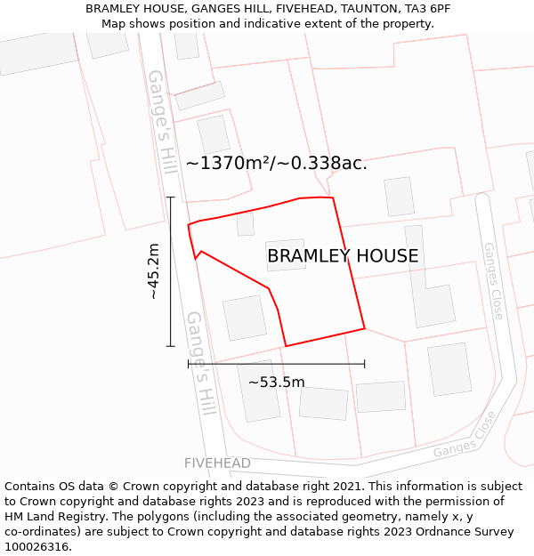 BRAMLEY HOUSE, GANGES HILL, FIVEHEAD, TAUNTON, TA3 6PF: Plot and title map