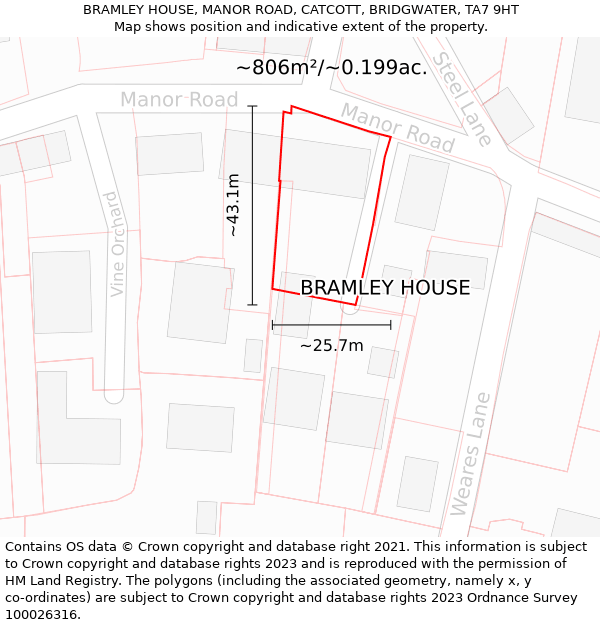 BRAMLEY HOUSE, MANOR ROAD, CATCOTT, BRIDGWATER, TA7 9HT: Plot and title map