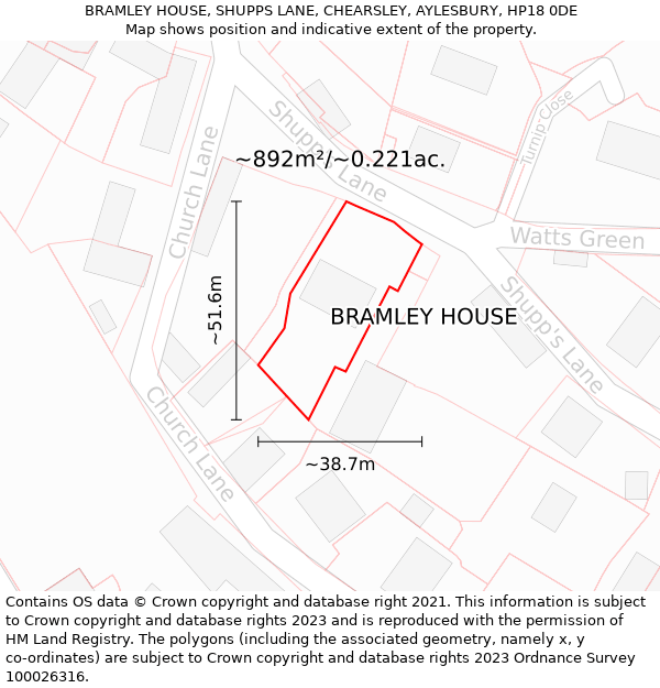 BRAMLEY HOUSE, SHUPPS LANE, CHEARSLEY, AYLESBURY, HP18 0DE: Plot and title map