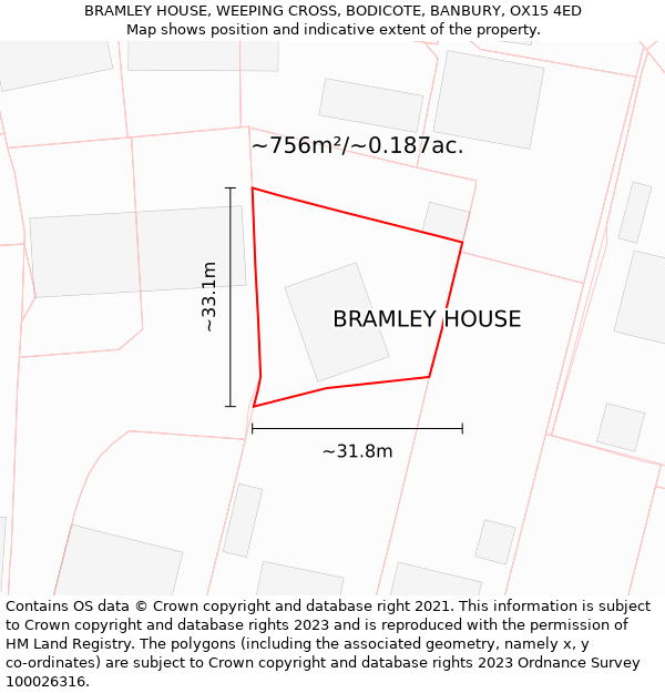 BRAMLEY HOUSE, WEEPING CROSS, BODICOTE, BANBURY, OX15 4ED: Plot and title map