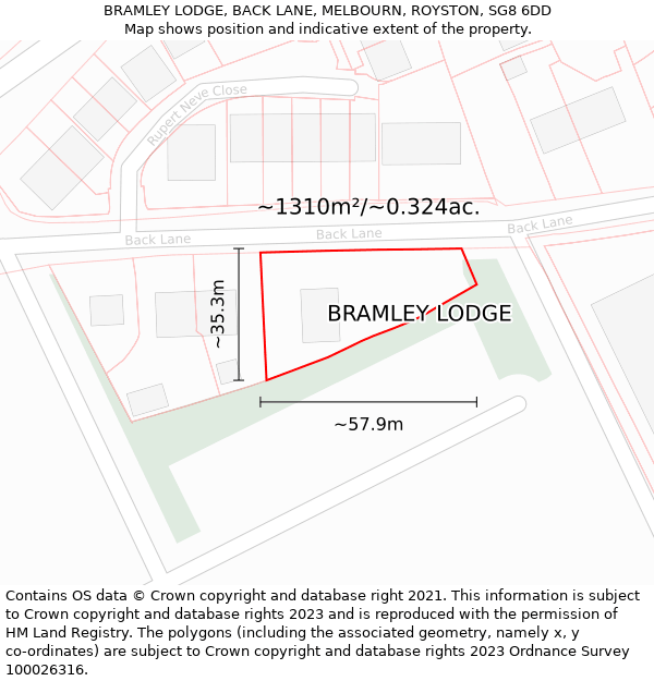 BRAMLEY LODGE, BACK LANE, MELBOURN, ROYSTON, SG8 6DD: Plot and title map