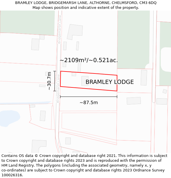 BRAMLEY LODGE, BRIDGEMARSH LANE, ALTHORNE, CHELMSFORD, CM3 6DQ: Plot and title map