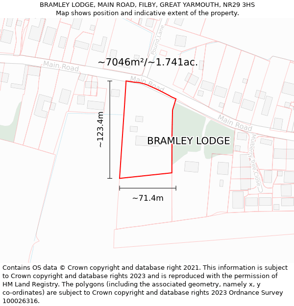 BRAMLEY LODGE, MAIN ROAD, FILBY, GREAT YARMOUTH, NR29 3HS: Plot and title map