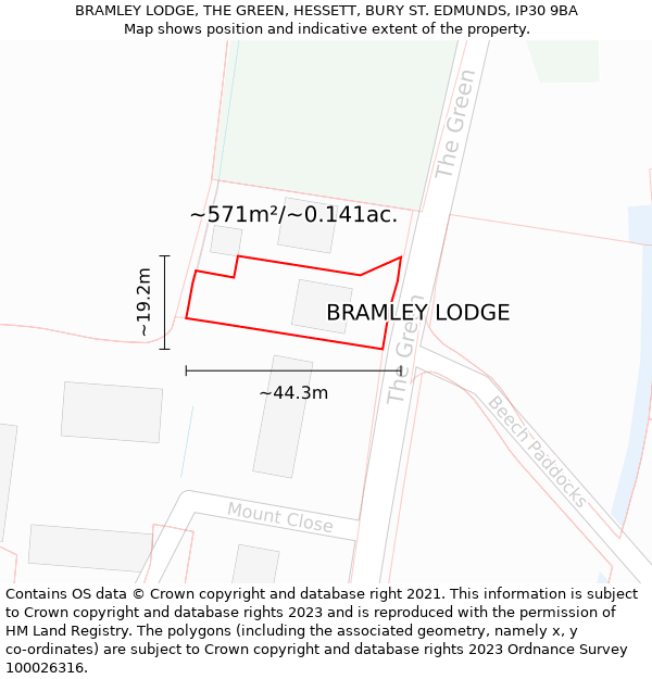 BRAMLEY LODGE, THE GREEN, HESSETT, BURY ST EDMUNDS, IP30 9BA: Plot and title map