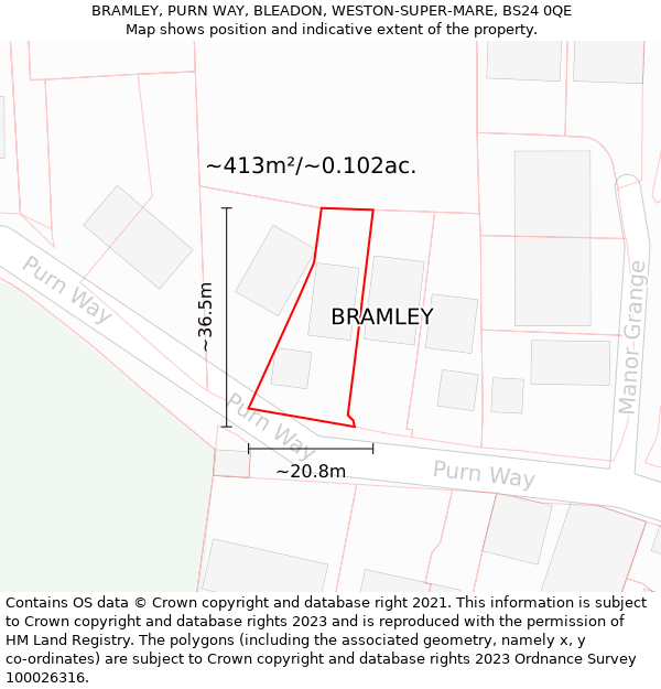 BRAMLEY, PURN WAY, BLEADON, WESTON-SUPER-MARE, BS24 0QE: Plot and title map