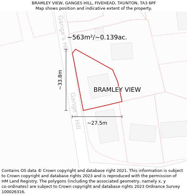 BRAMLEY VIEW, GANGES HILL, FIVEHEAD, TAUNTON, TA3 6PF: Plot and title map