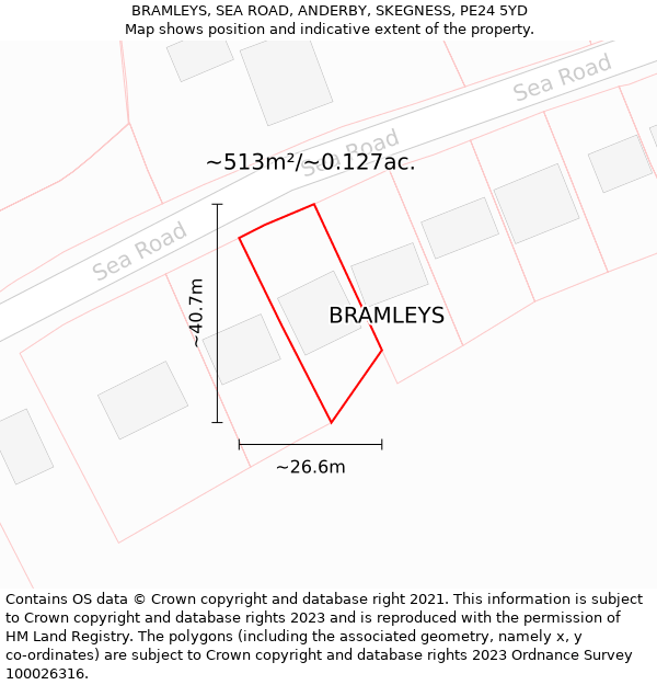 BRAMLEYS, SEA ROAD, ANDERBY, SKEGNESS, PE24 5YD: Plot and title map