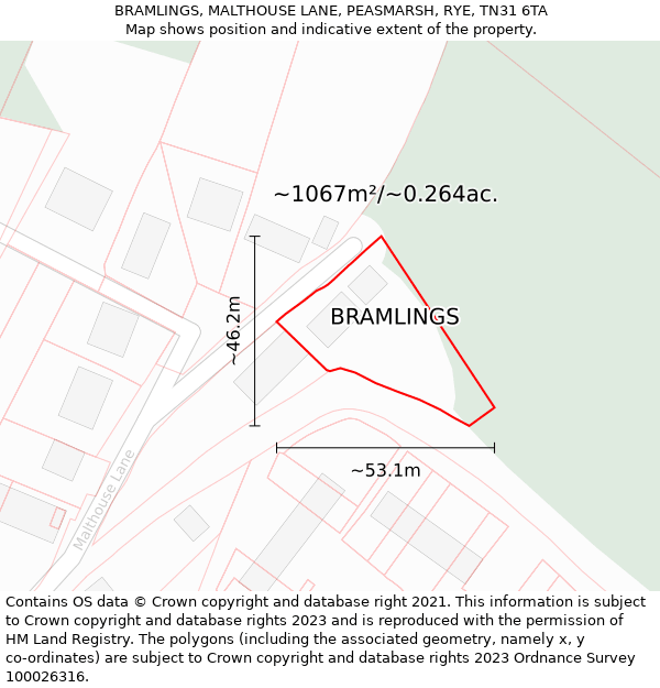 BRAMLINGS, MALTHOUSE LANE, PEASMARSH, RYE, TN31 6TA: Plot and title map