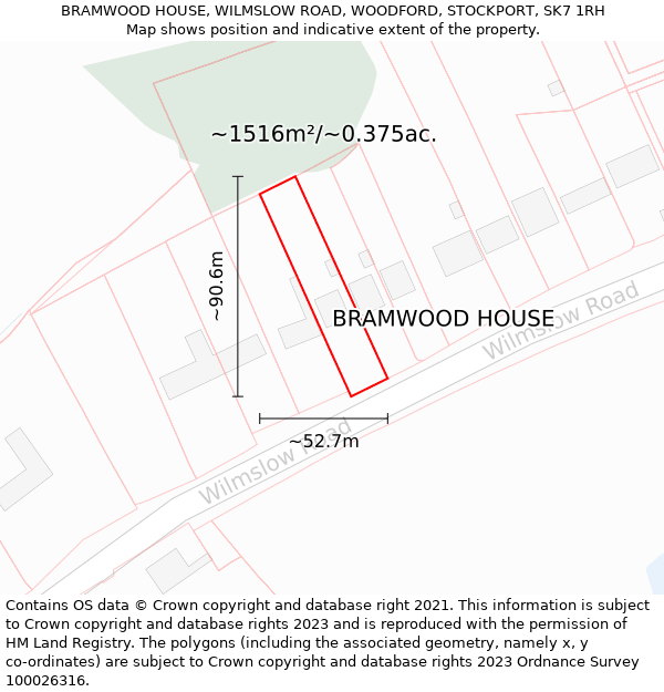 BRAMWOOD HOUSE, WILMSLOW ROAD, WOODFORD, STOCKPORT, SK7 1RH: Plot and title map