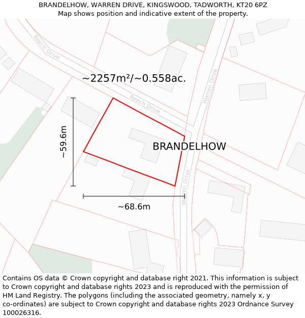 BRANDELHOW, WARREN DRIVE, KINGSWOOD, TADWORTH, KT20 6PZ: Plot and title map