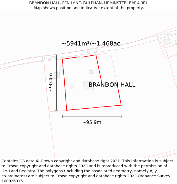 BRANDON HALL, FEN LANE, BULPHAN, UPMINSTER, RM14 3RL: Plot and title map