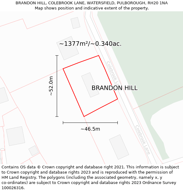 BRANDON HILL, COLEBROOK LANE, WATERSFIELD, PULBOROUGH, RH20 1NA: Plot and title map