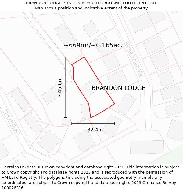 BRANDON LODGE, STATION ROAD, LEGBOURNE, LOUTH, LN11 8LL: Plot and title map
