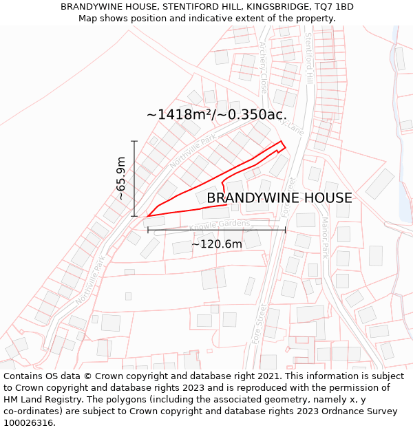 BRANDYWINE HOUSE, STENTIFORD HILL, KINGSBRIDGE, TQ7 1BD: Plot and title map