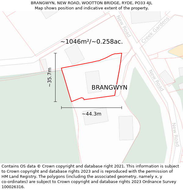 BRANGWYN, NEW ROAD, WOOTTON BRIDGE, RYDE, PO33 4JL: Plot and title map