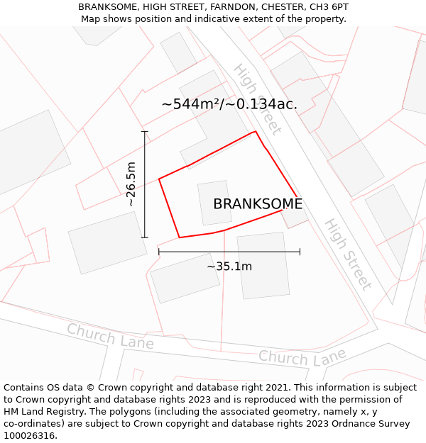 BRANKSOME, HIGH STREET, FARNDON, CHESTER, CH3 6PT: Plot and title map