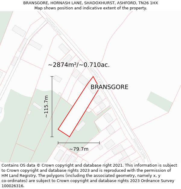 BRANSGORE, HORNASH LANE, SHADOXHURST, ASHFORD, TN26 1HX: Plot and title map