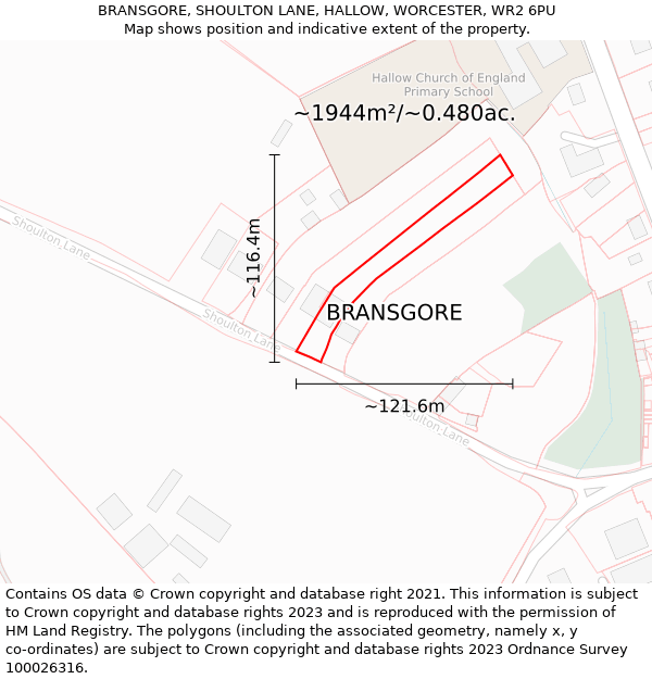 BRANSGORE, SHOULTON LANE, HALLOW, WORCESTER, WR2 6PU: Plot and title map
