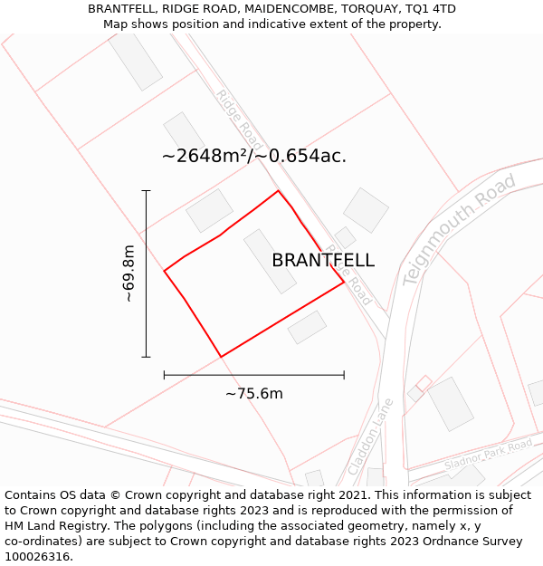 BRANTFELL, RIDGE ROAD, MAIDENCOMBE, TORQUAY, TQ1 4TD: Plot and title map