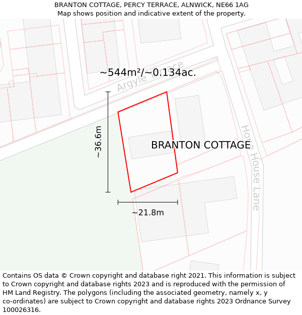 BRANTON COTTAGE, PERCY TERRACE, ALNWICK, NE66 1AG: Plot and title map