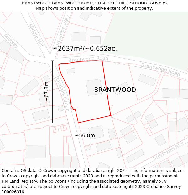 BRANTWOOD, BRANTWOOD ROAD, CHALFORD HILL, STROUD, GL6 8BS: Plot and title map