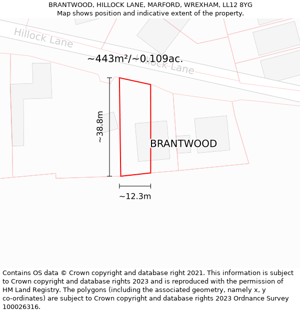 BRANTWOOD, HILLOCK LANE, MARFORD, WREXHAM, LL12 8YG: Plot and title map